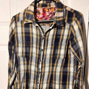 Soft Surroundings Plaid & Floral Patchwork Long Sleeve Button Up Top Blouse
